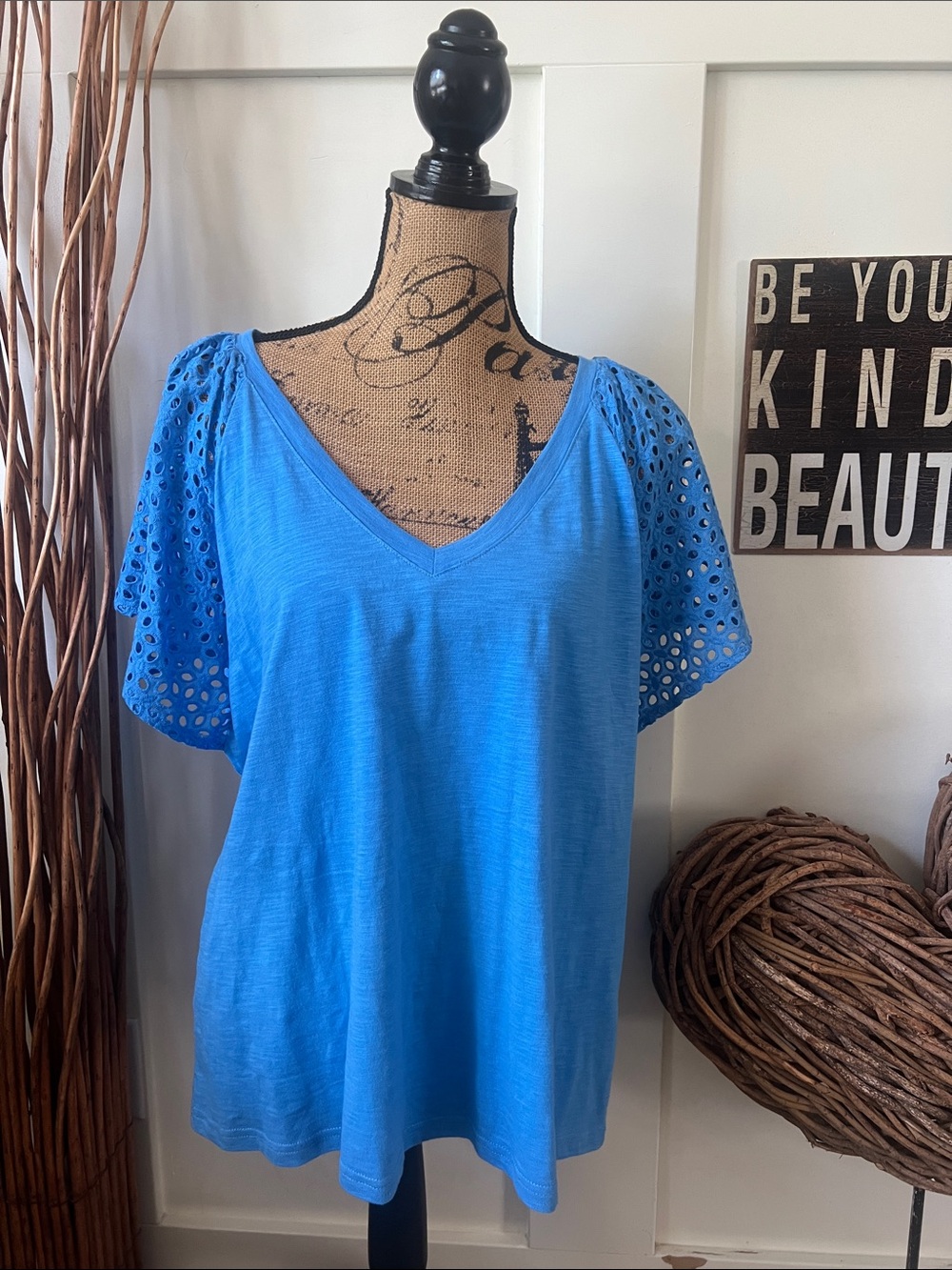 Jane and Delancey Bright Blue V-Neck Eyelet Sleeve Tee